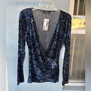 Karen Kane Velvet Burnout Leopard Print Deep V-Neck Top Semi Sheer Long Sleeve M